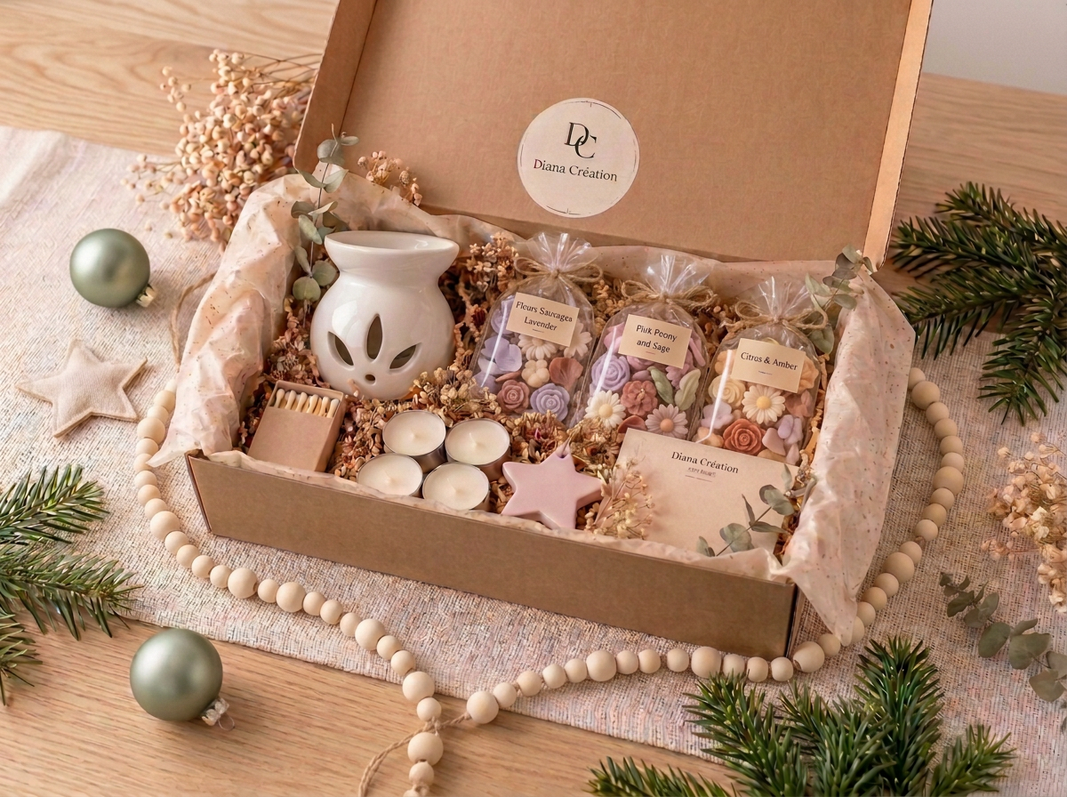 Coffret cadeau de Noël avec brûle-parfum blanc à découpes en forme de pétales, trois paquets de fondants colorés, chauffe-plats et allumettes