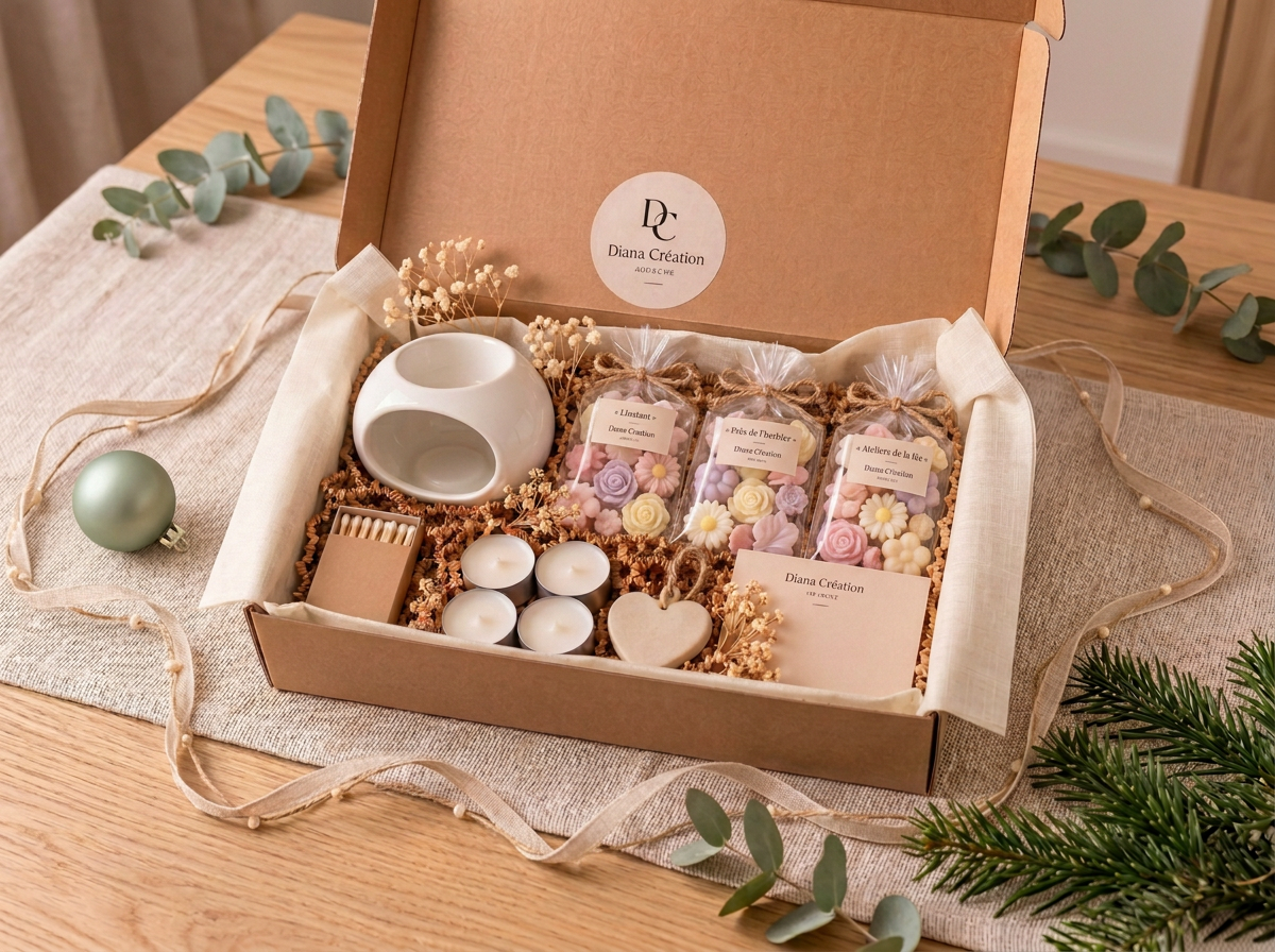 Coffret cadeau de Noël avec brûle-parfum blanc rond à grande ouverture, trois paquets de fondants, chauffe-plats et allumettes