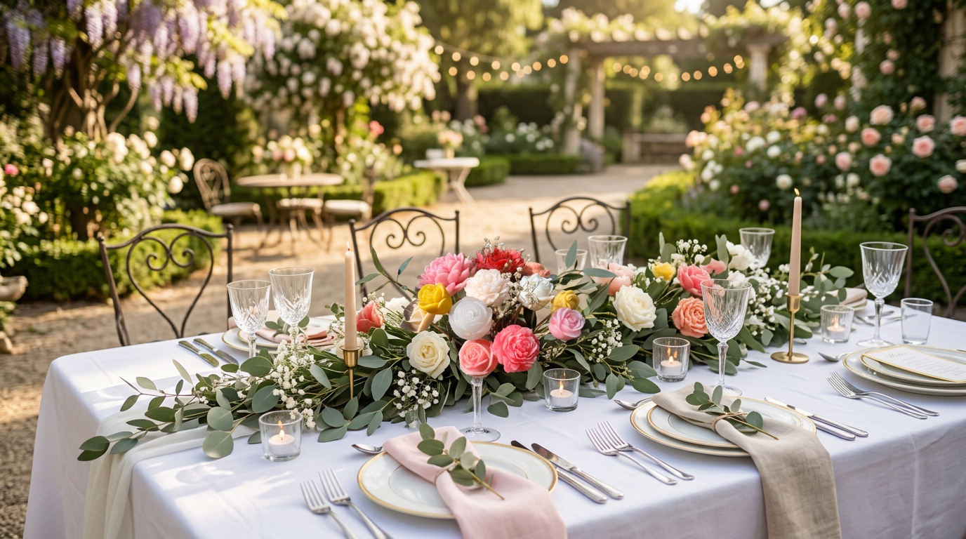 Grande table de mariage dressée en blanc, avec un grand bouquet de fleurs colorées et des bougeoirs