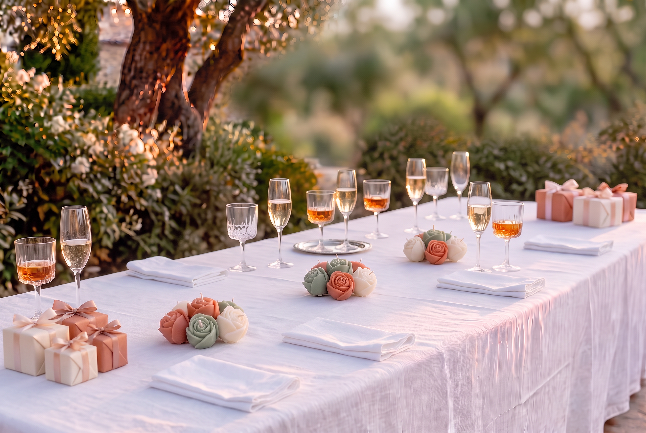 Table d'apéritif au coucher du soleil avec verres, bouquets de roses en cire colorées et coin cadeaux pour les invités