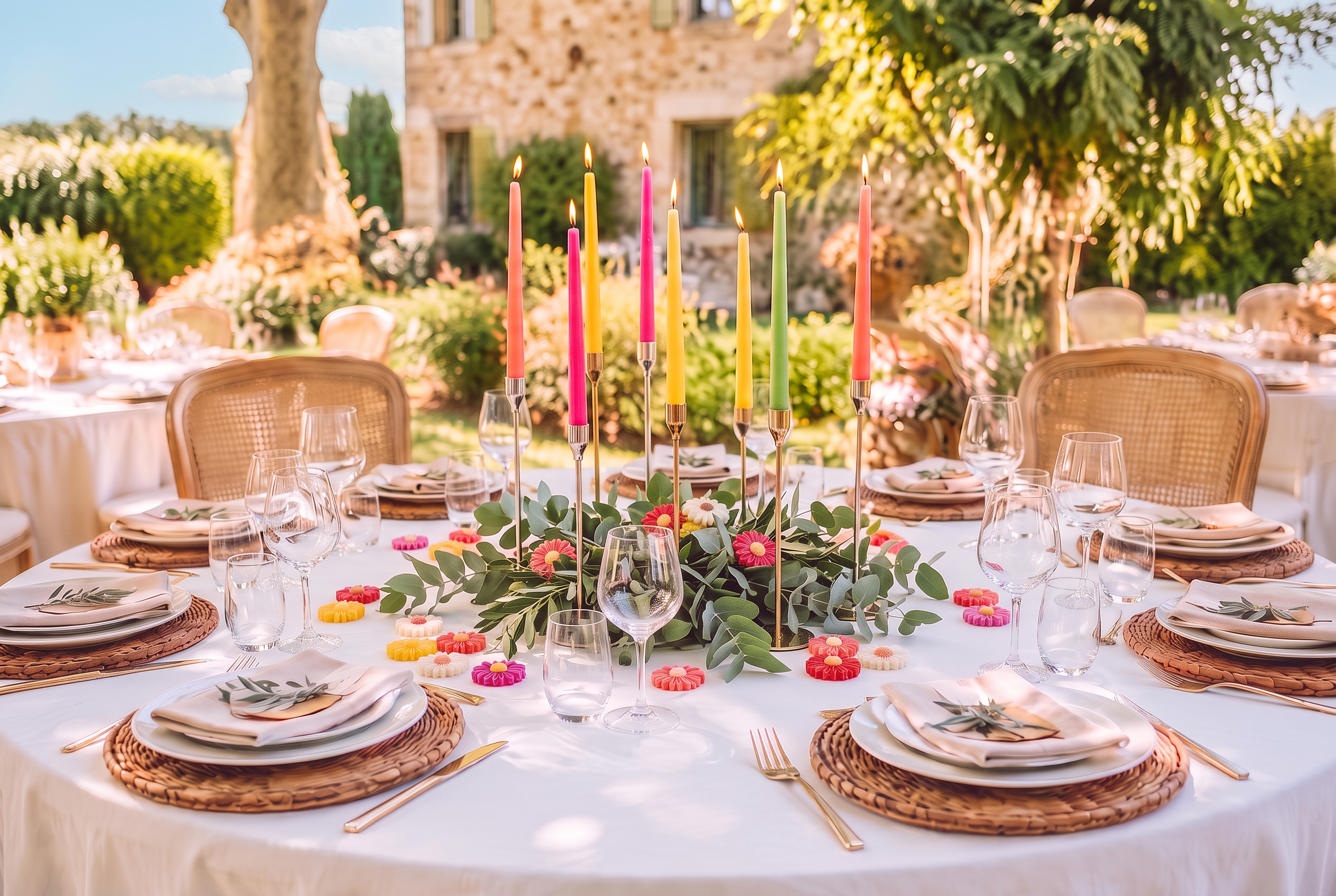 Table ronde de mariage pour huit personnes, décorée d'eucalyptus, de bougeoirs fins colorés et de petites marguerites en cire