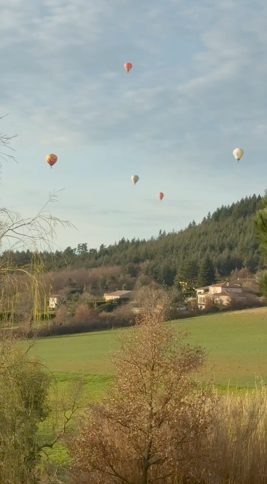 Montgolfières au-dessus de la campagne de Peaugres en Ardèche