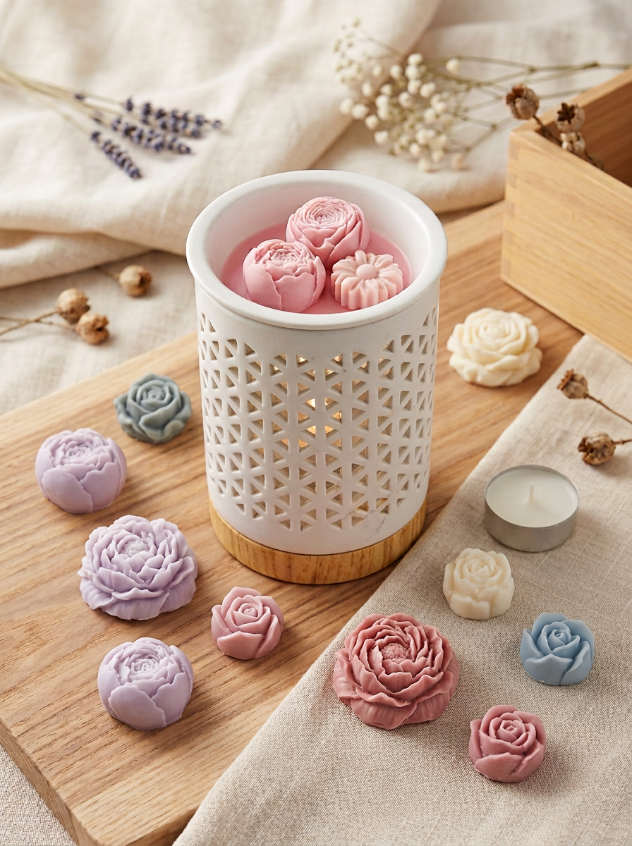 Brûle-parfum entouré de petites roses et pivoines en cire